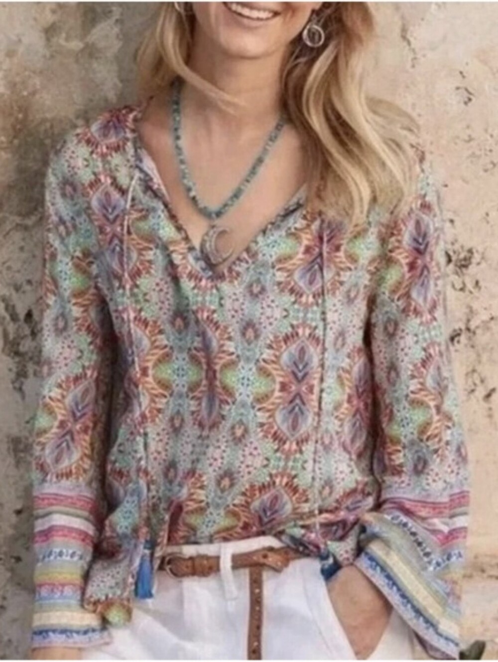 Sundance Andalusia boho bell sleeve tapestry print peasant blouse top XSmall